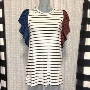 Red and Blue Glitter Sleeved Striped Blouse